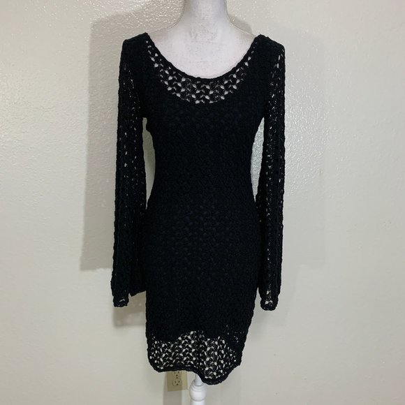 Free People Black Crochet Bell Sleeve Lined Dress - Picture 3 of 7